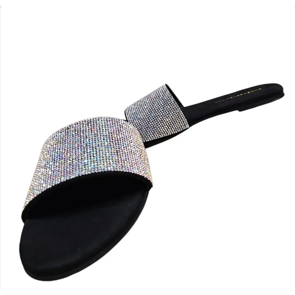Rhinestone Embellished Slide Sandals Black Sole Multicolor Sparkle Band
